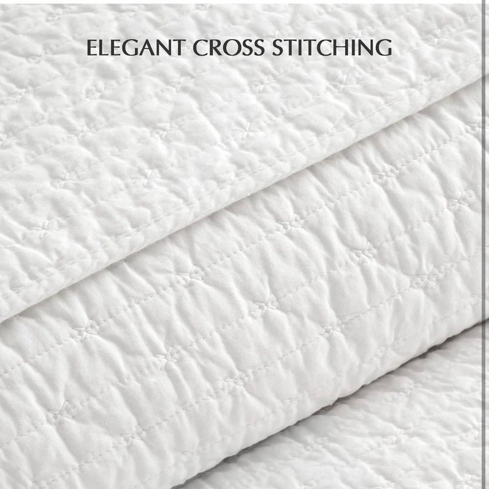 EverGrace Queen Quilt Set 100% Cotton Cross Stitch 3 Piece White Lightweight - Picture 3 of 11